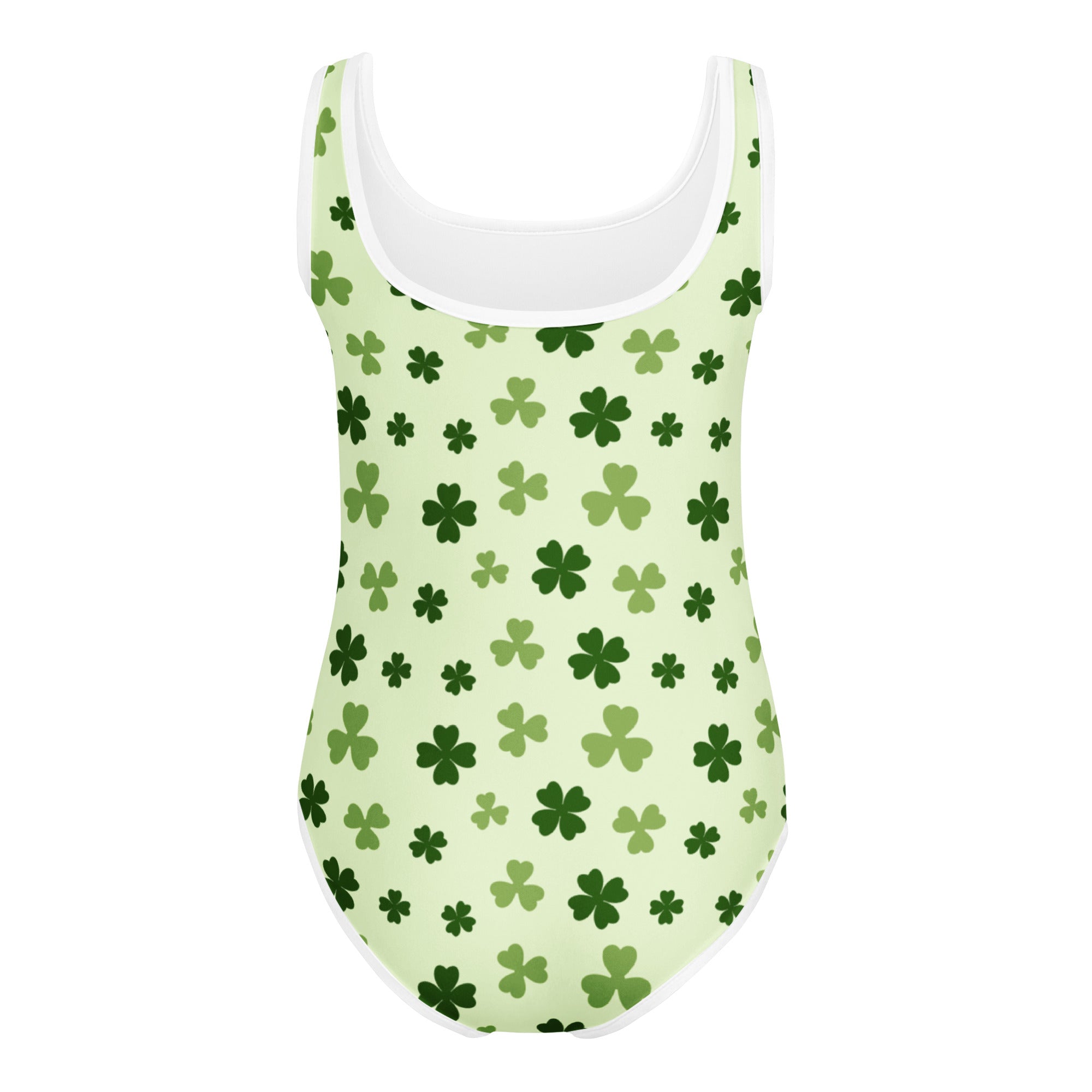 A light green girls St. Patrick’s Day clover leotard with white trim and shamrock patterns for dance and gymnastics
