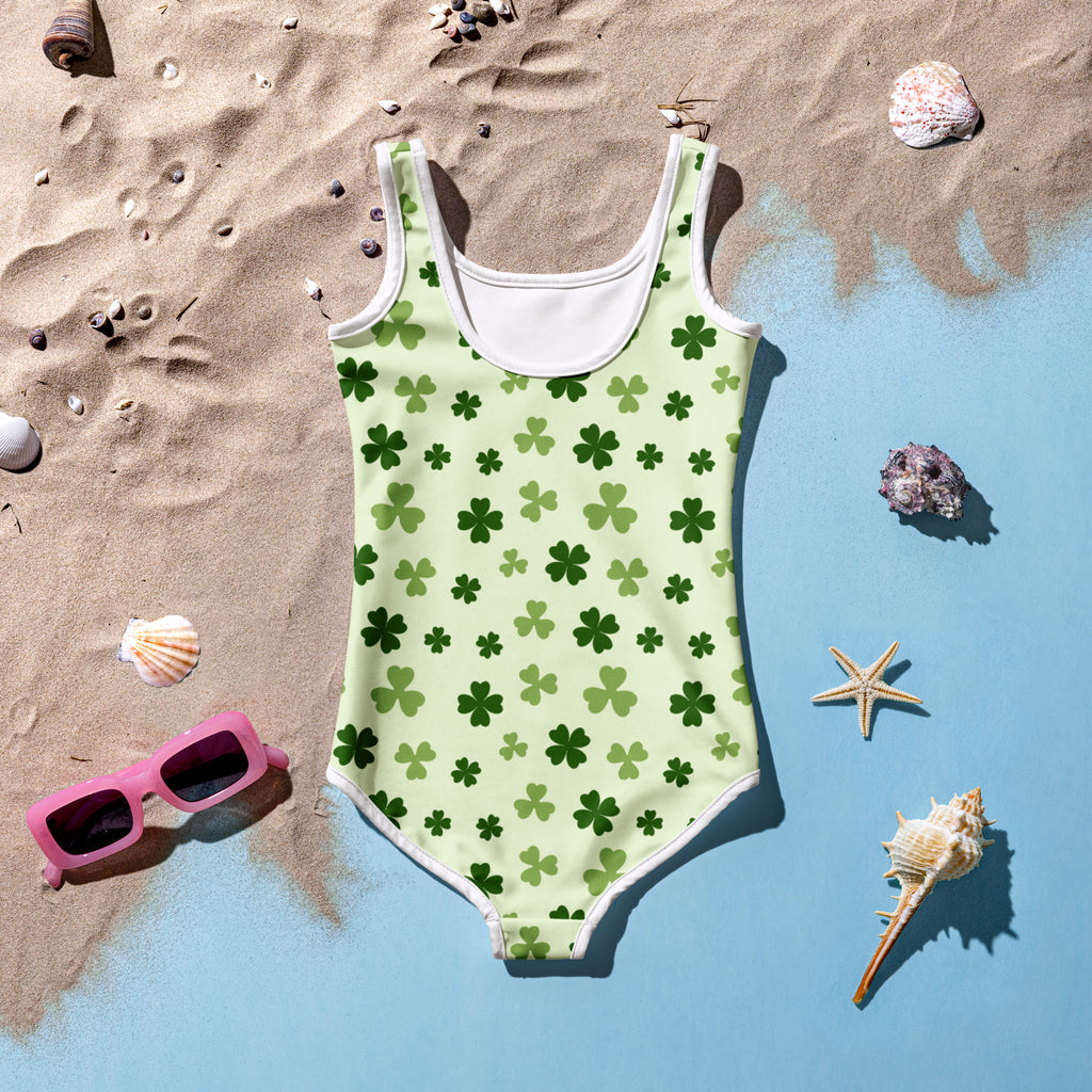 Girls light green shamrock one-piece buttery soft swimsuit with white trim and UPF 50 plus double layered front