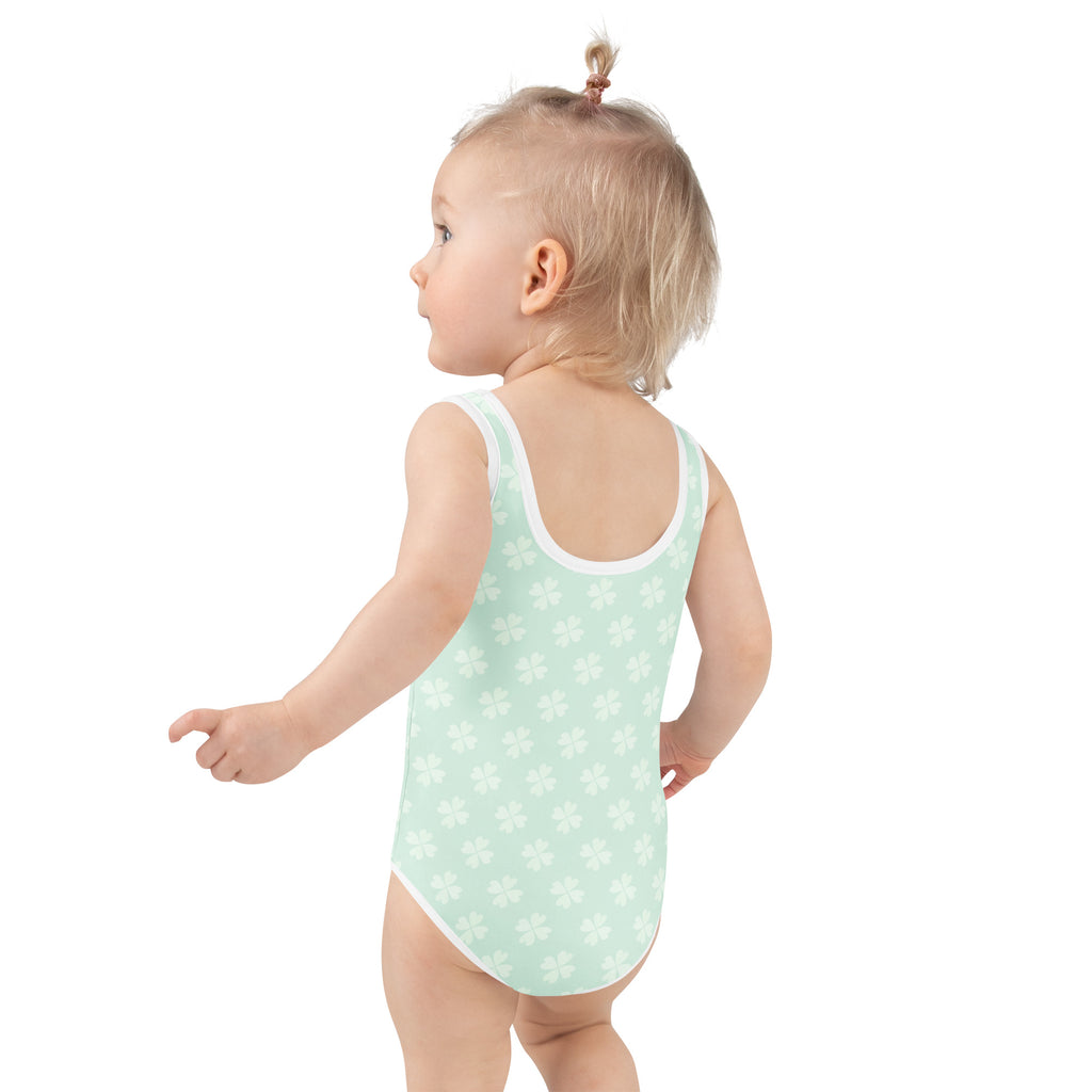 Girls mint green one-piece swimsuit with white floral pattern and trim buttery soft fabric UPF 50 plus protection