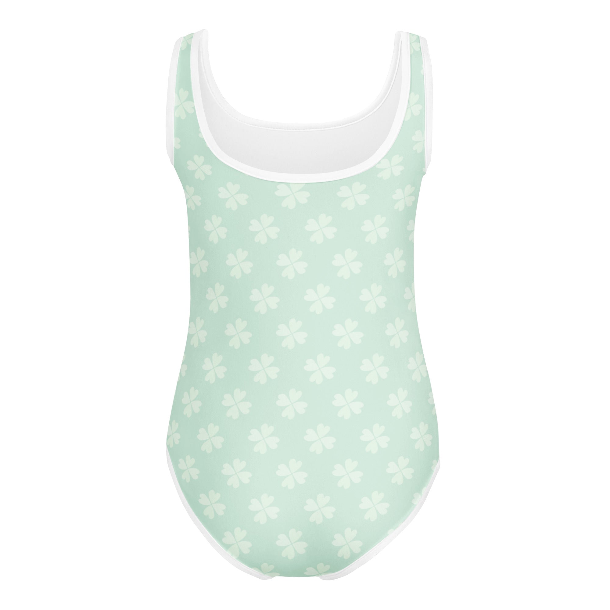 Girls pastel shamrock buttery soft mint green one-piece leotard with white trim and subtle clover pattern for dance and gymnastics