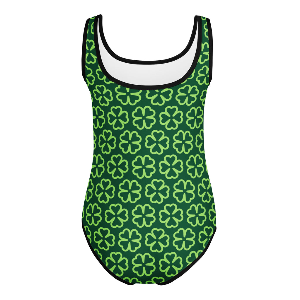 Green one-piece girls leotard with light green four-leaf clover pattern black trim quick drying buttery soft for dance