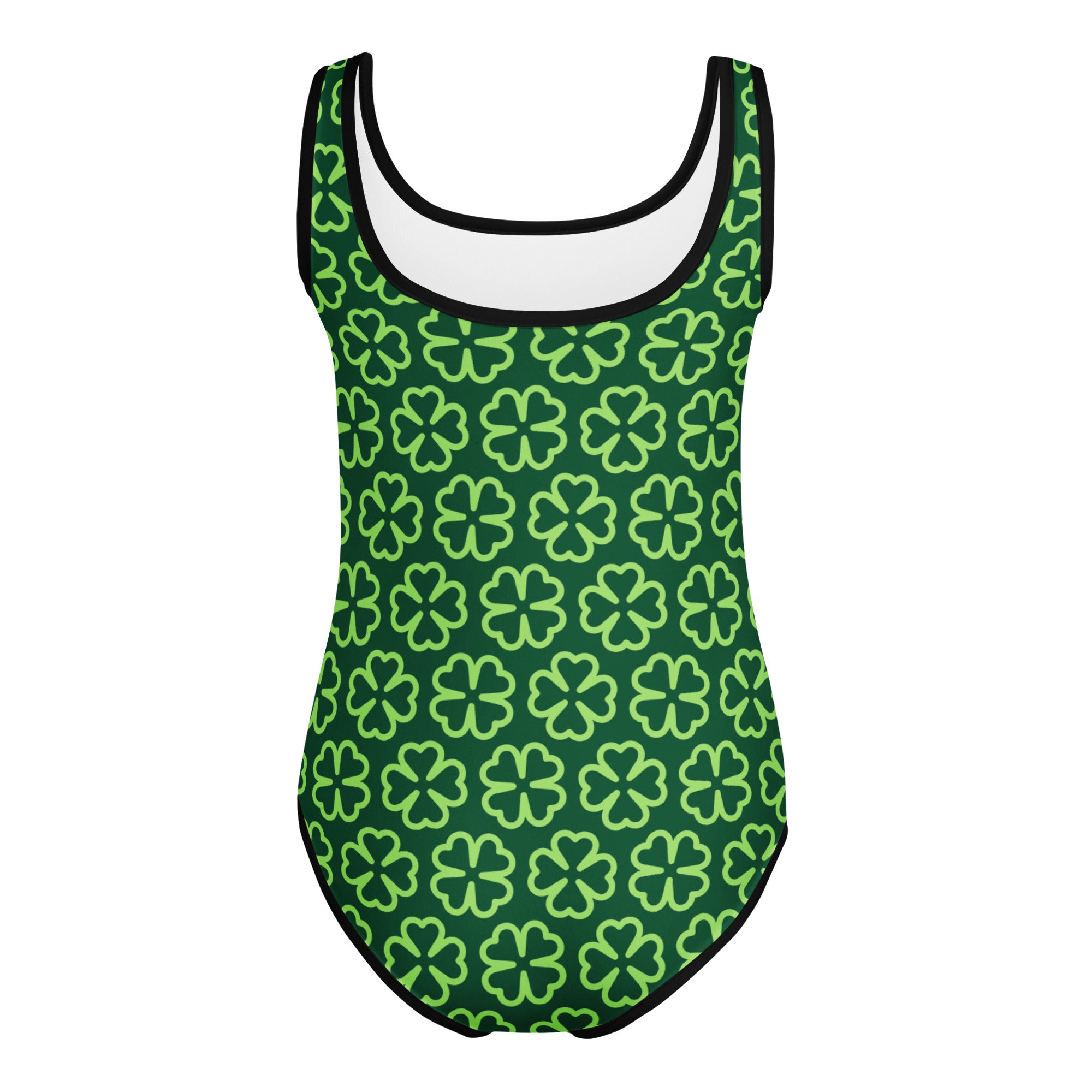 Green one-piece girls leotard with light green four-leaf clover pattern black trim quick drying buttery soft for dance
