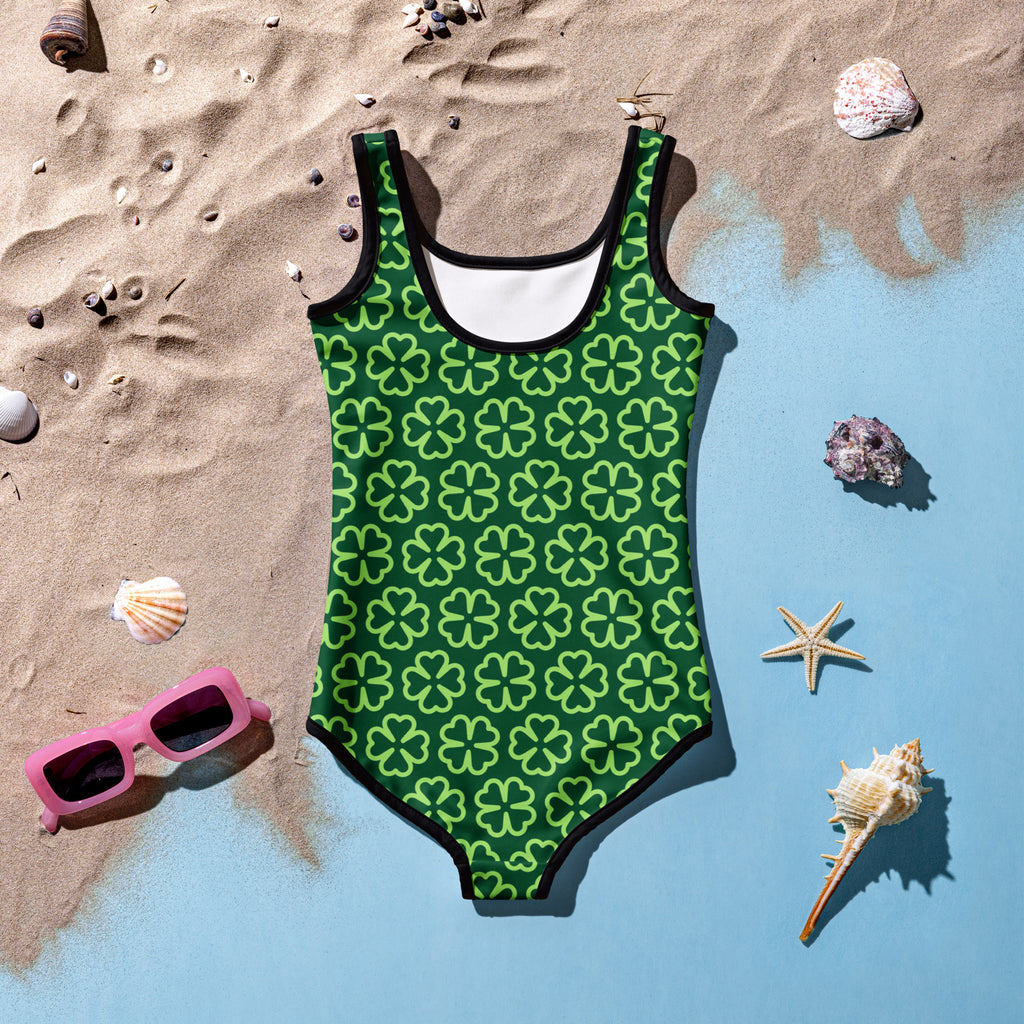 Girls dark green shamrock buttery soft swimsuit with lime green four-leaf clover pattern and black trim upf 50 plus