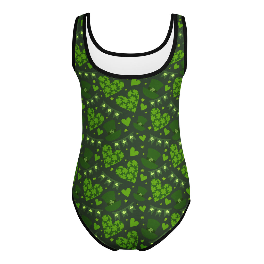 Green girls lucky shamrock heart buttery soft quick drying leotard with shamrock heart pattern and black trim for dance and gymnastics