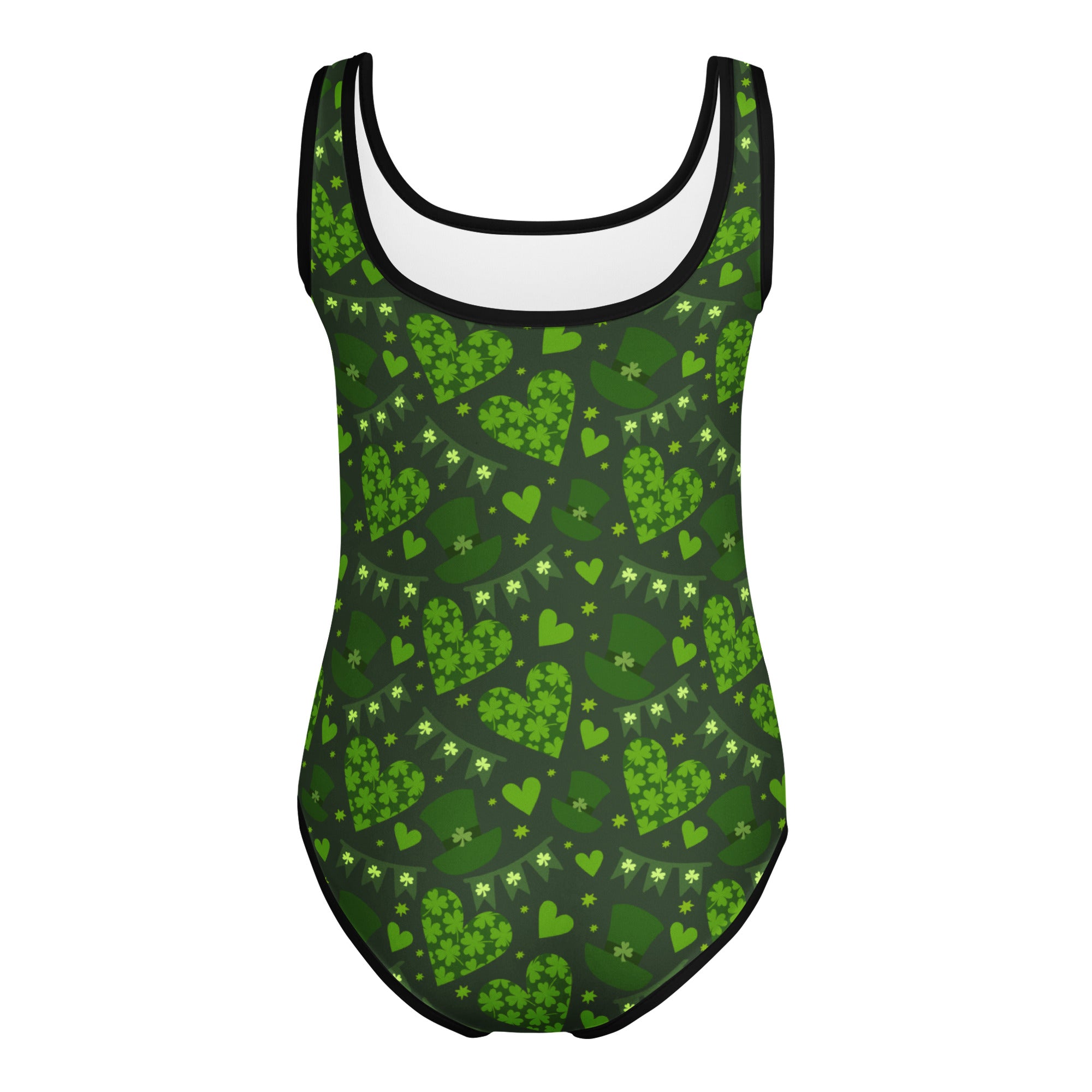 Green girls lucky shamrock heart buttery soft quick drying leotard with shamrock heart pattern and black trim for dance and gymnastics