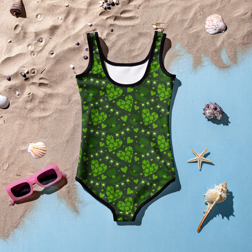 Green girls buttery soft one-piece swimsuit with hearts shamrocks pattern black trim upf 50 plus double layered front