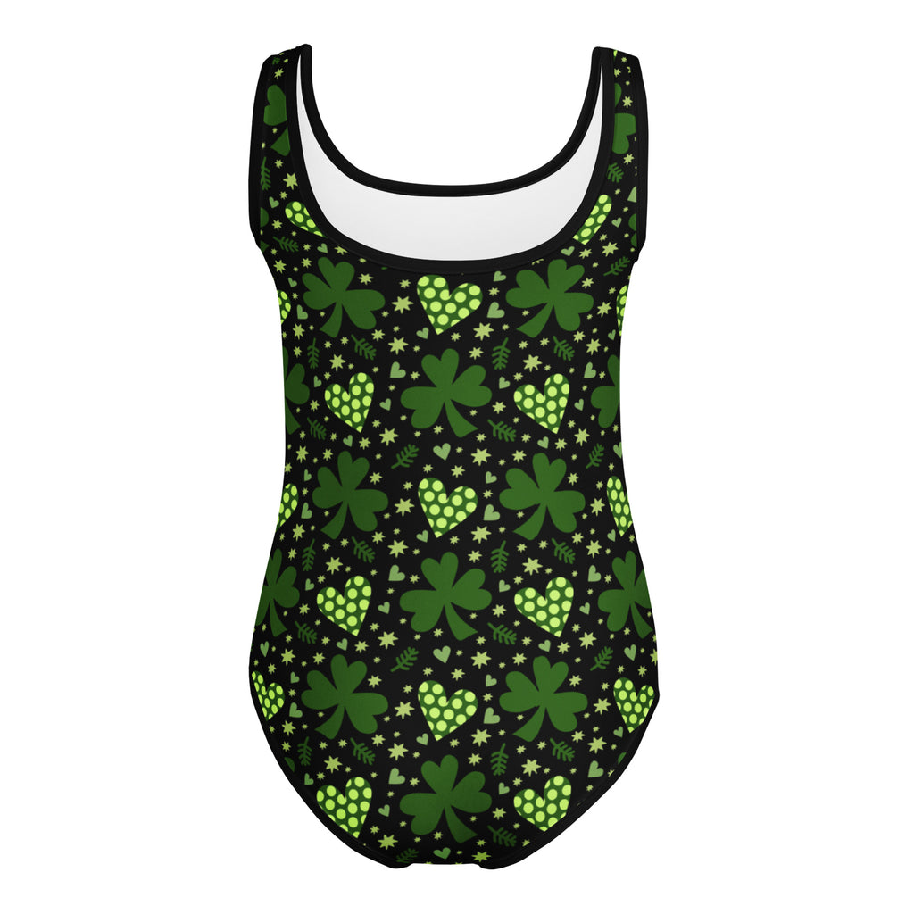 Girls dark green st patricks day shamrock heart buttery soft black leotard with playful pattern for dance and gymnastics