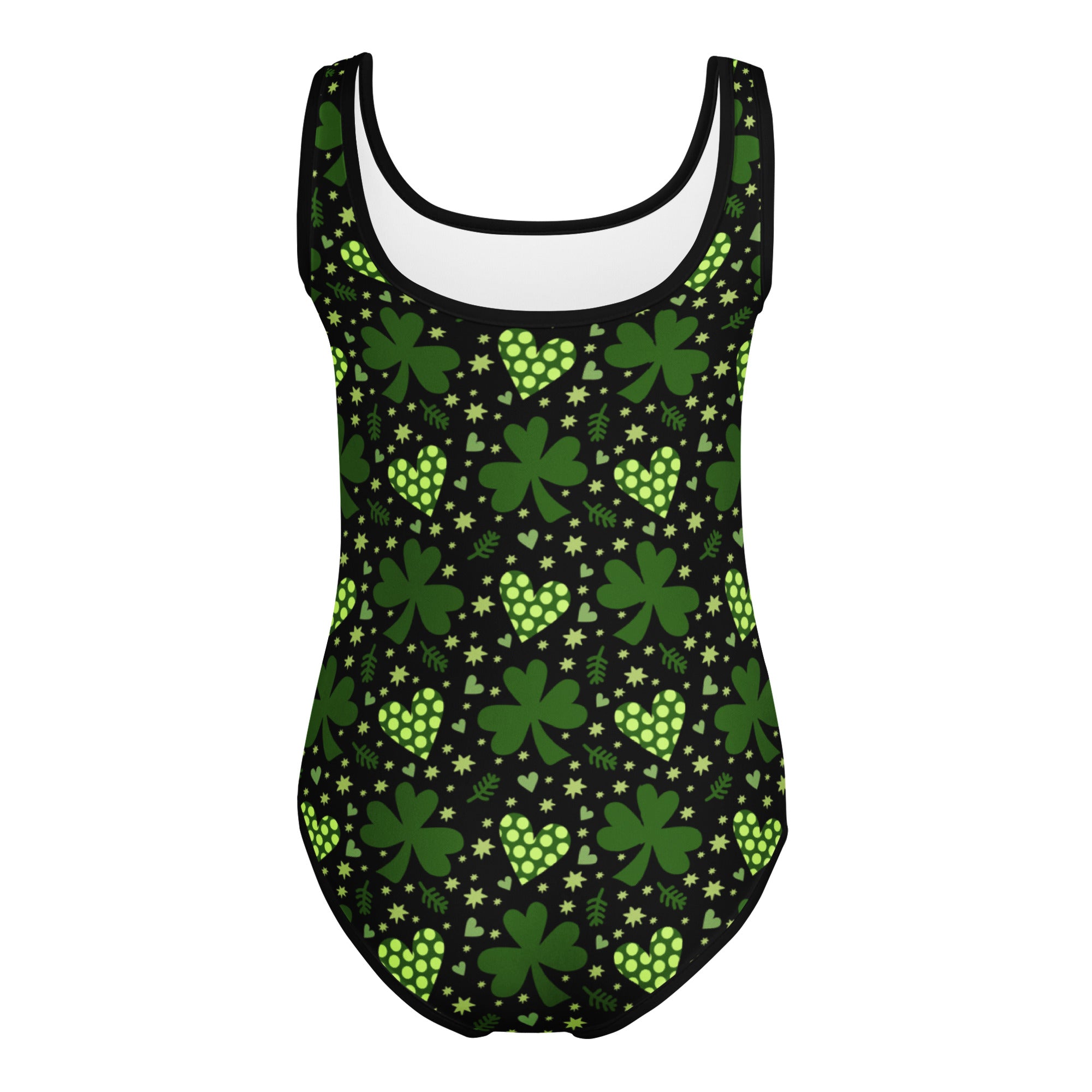 Girls dark green st patricks day shamrock heart buttery soft black leotard with playful pattern for dance and gymnastics