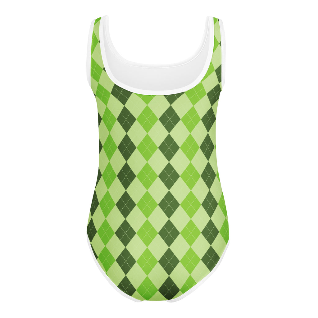 Girls green argyle pattern buttery soft one-piece swimsuit with white trim quick drying for dance and gymnastics