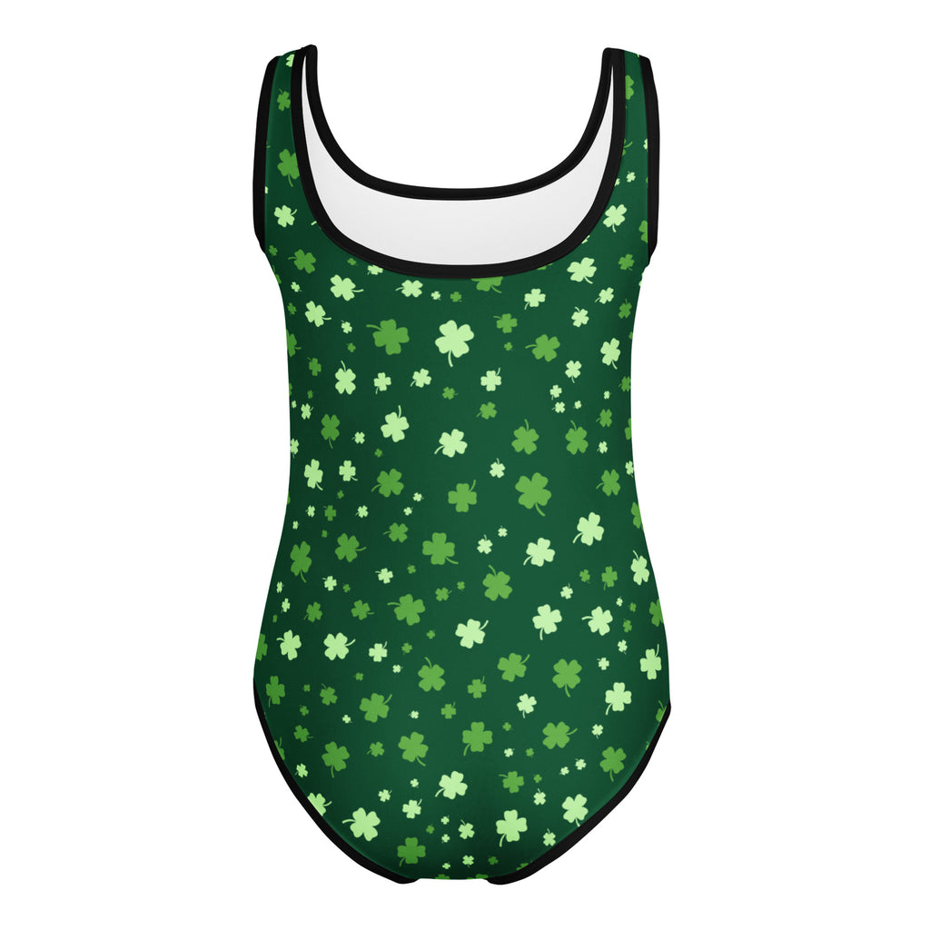Green girls lucky clover buttery soft leotard with shamrock pattern and black trim for dance and gymnastics