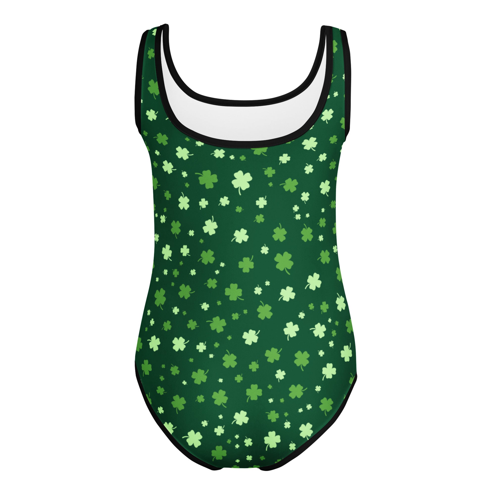 Green girls lucky clover buttery soft leotard with shamrock pattern and black trim for dance and gymnastics