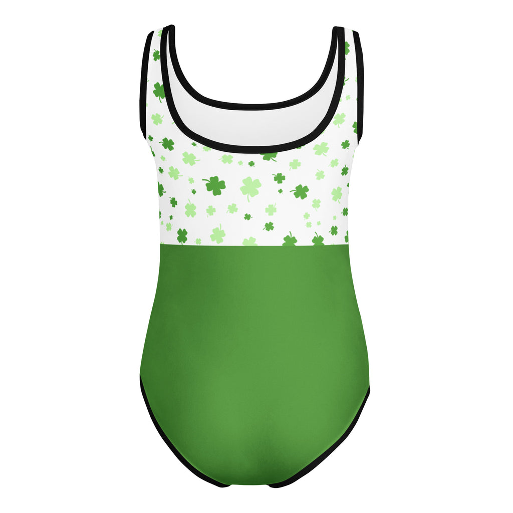 Girls green lucky clover buttery soft one-piece swimsuit with shamrock pattern and black trim for dance and gymnastics