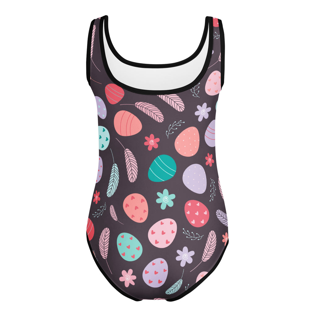 Girls easter egg and bird feathers dark gray buttery soft quick-drying leotard for dance and gymnastics with colorful pattern