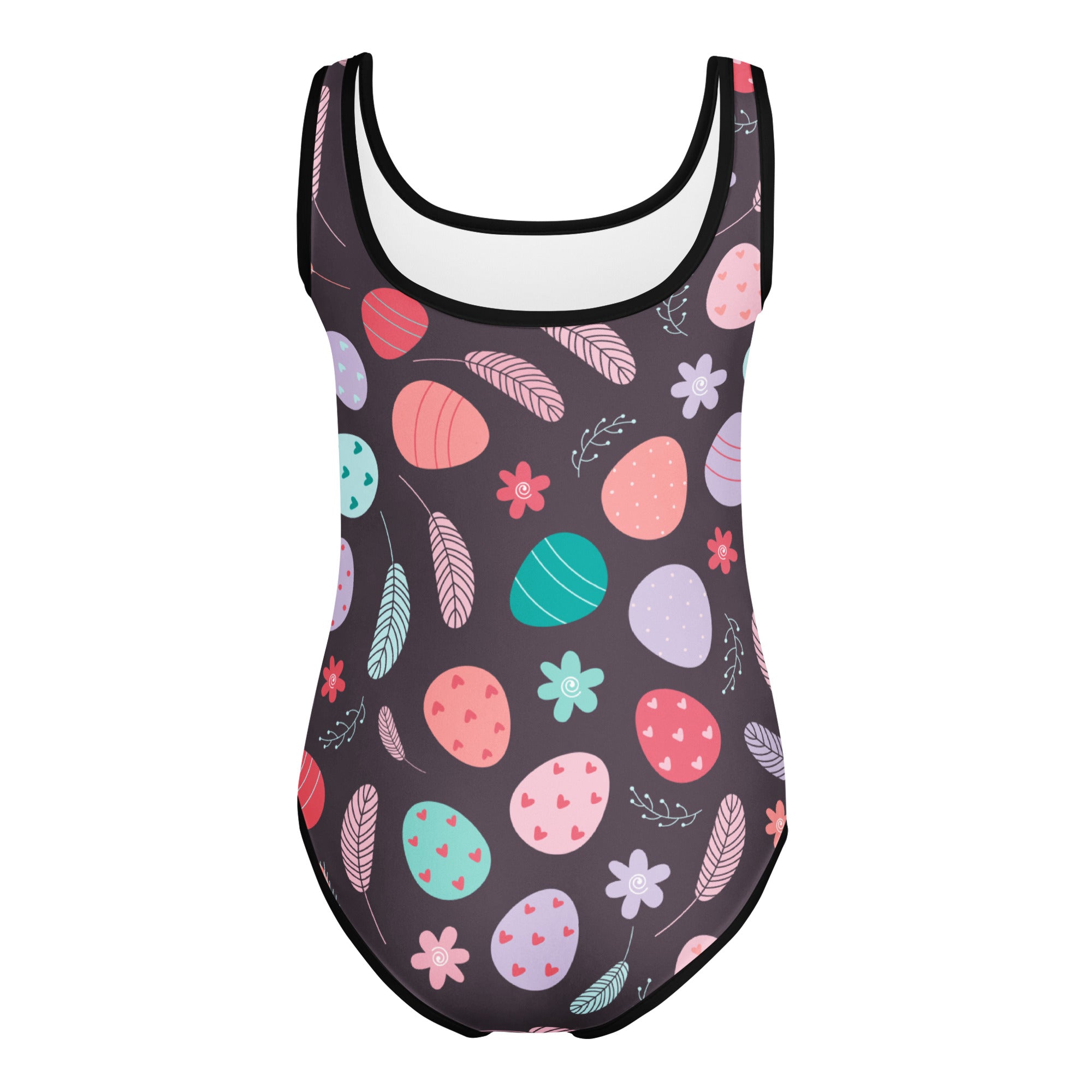 Girls easter egg and bird feathers dark gray buttery soft quick-drying leotard for dance and gymnastics with colorful pattern