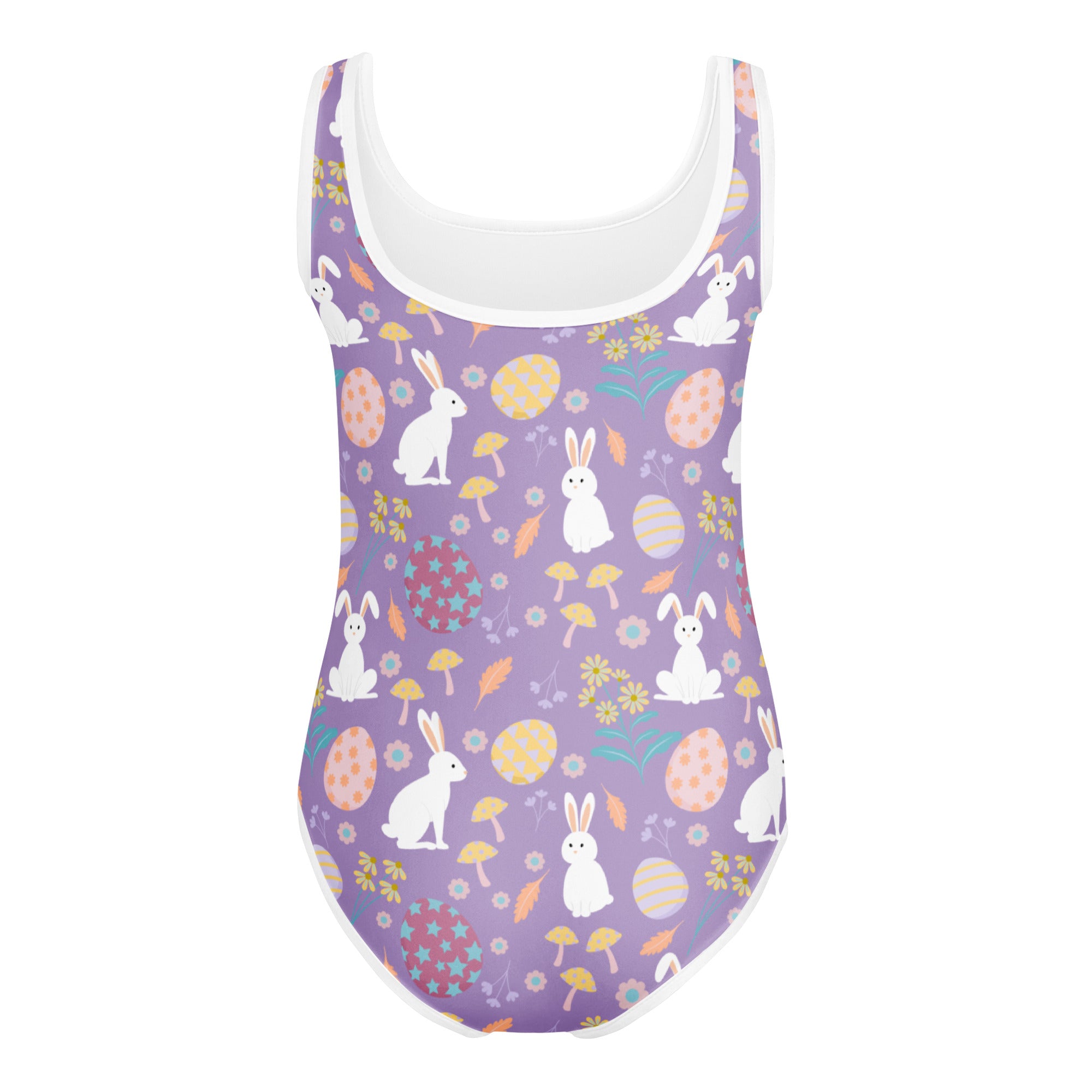 Girls purple easter bunny buttery soft leotard with white trim and festive bunny egg print for dance and gymnastics