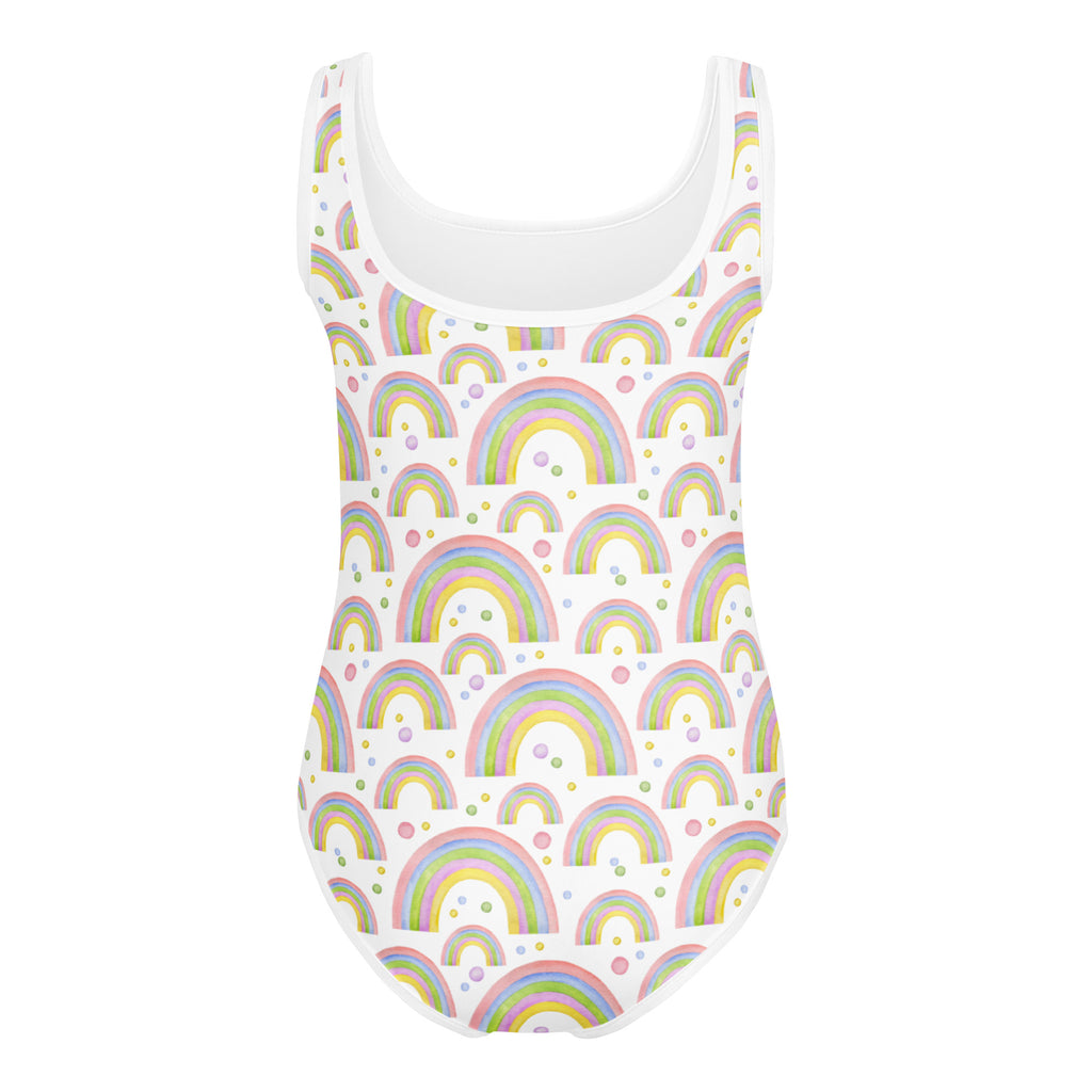 White girls one-piece swimsuit with pastel rainbow and polka dot pattern buttery soft quick drying for gymnastics