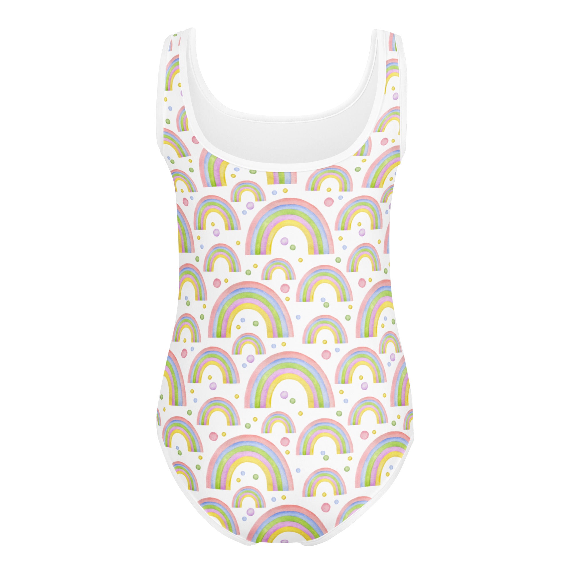 White girls one-piece swimsuit with pastel rainbow and polka dot pattern buttery soft quick drying for gymnastics