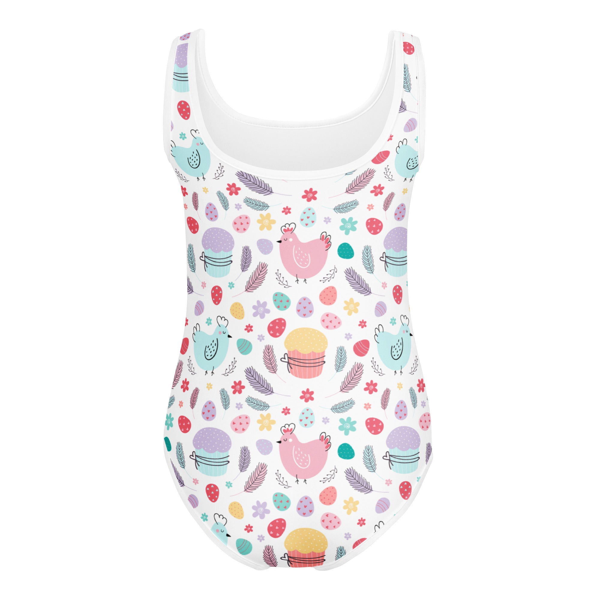 White girls Easter chick and cupcake buttery soft quick drying one-piece swimsuit with pastel pattern for dance and gymnastics