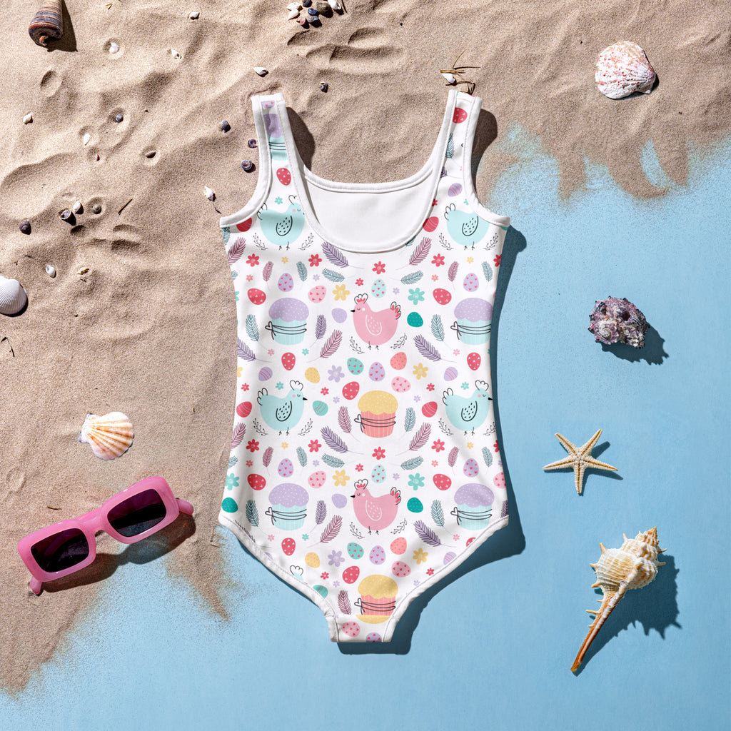Girls Easter chick white one-piece swimsuit with pastel chicken cupcake egg pattern buttery soft fabric UPF 50 plus