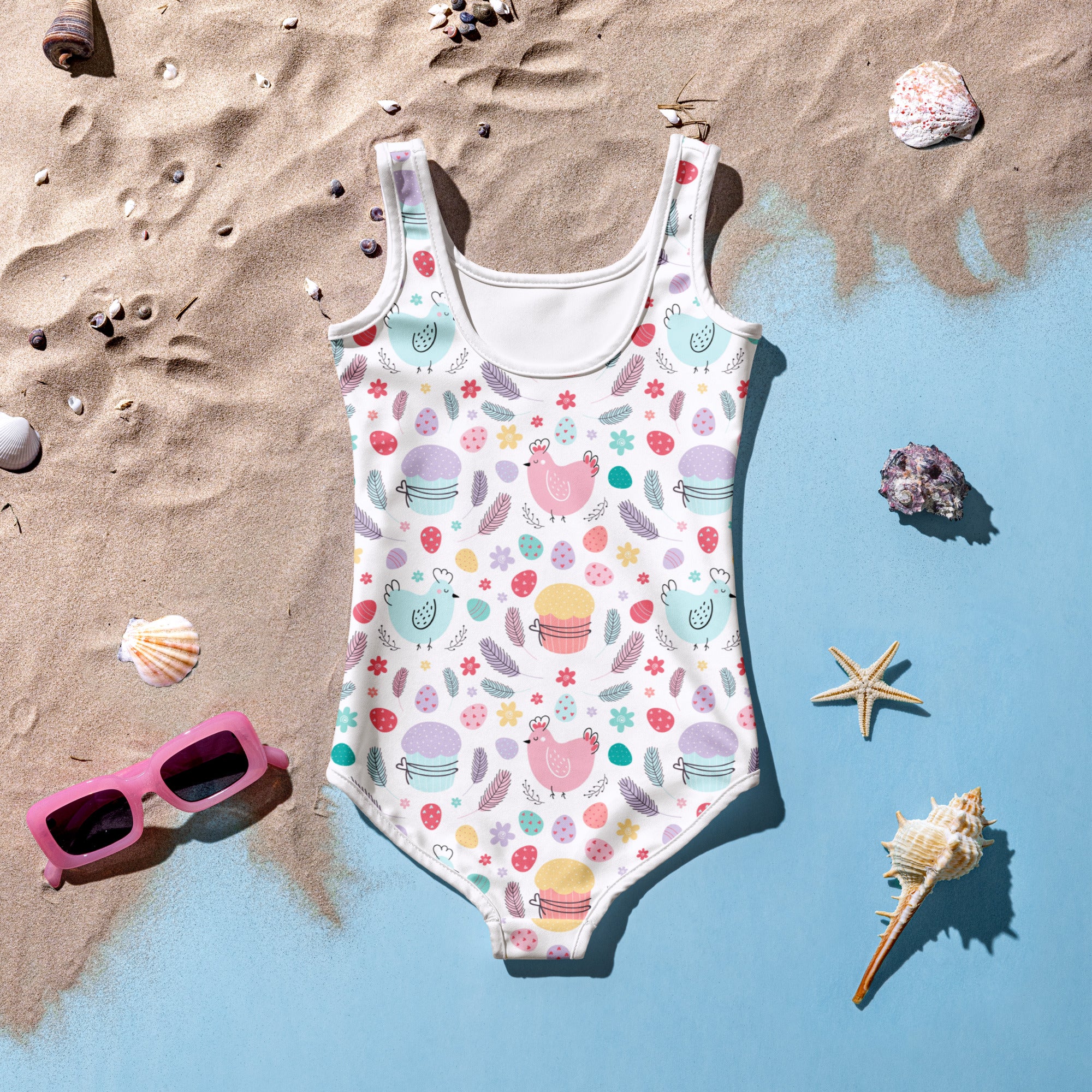 Girls Easter chick white one-piece swimsuit with pastel chicken cupcake egg pattern buttery soft fabric UPF 50 plus