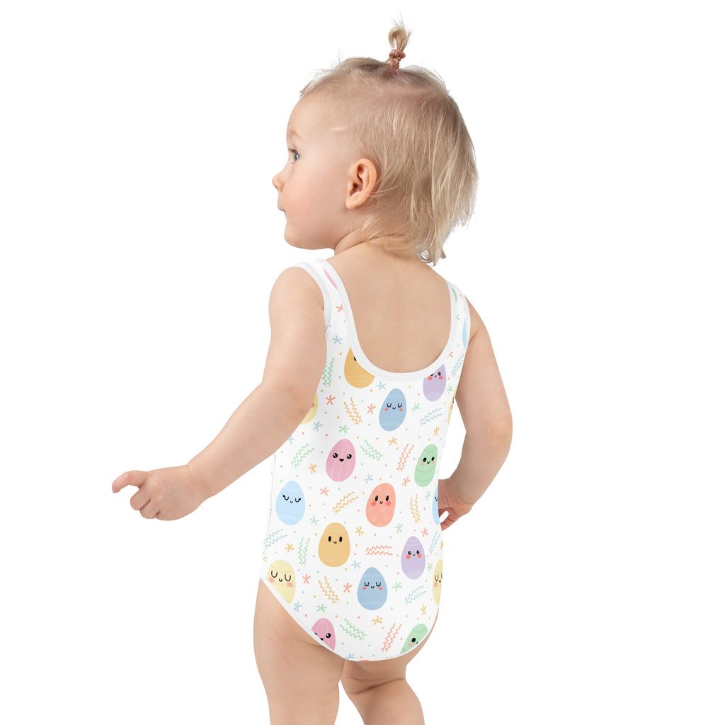 Girls easter egg buttery soft white one-piece swimsuit with colorful cartoon eggs and upf 50 plus protection