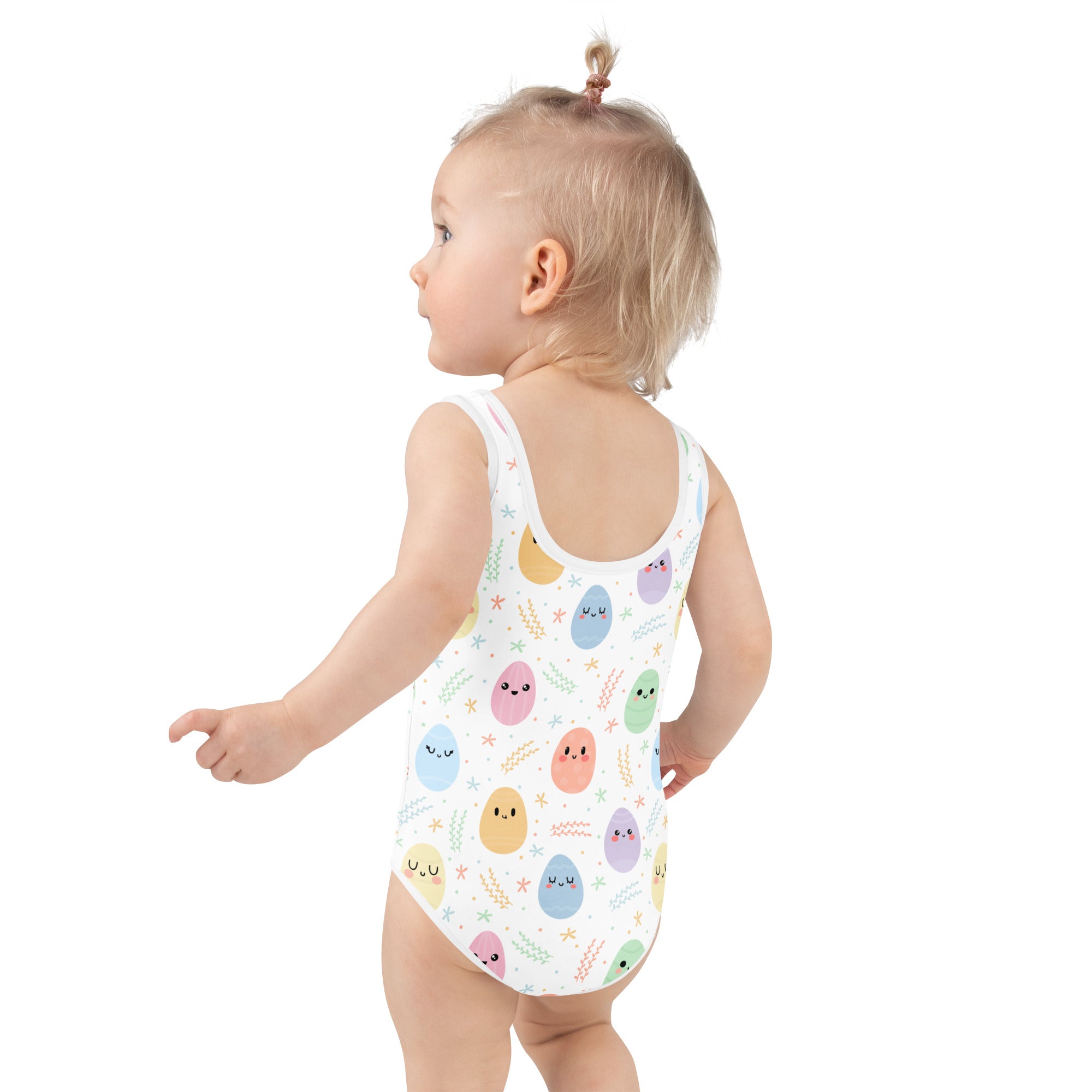 Girls easter egg buttery soft white one-piece swimsuit with colorful cartoon eggs and upf 50 plus protection