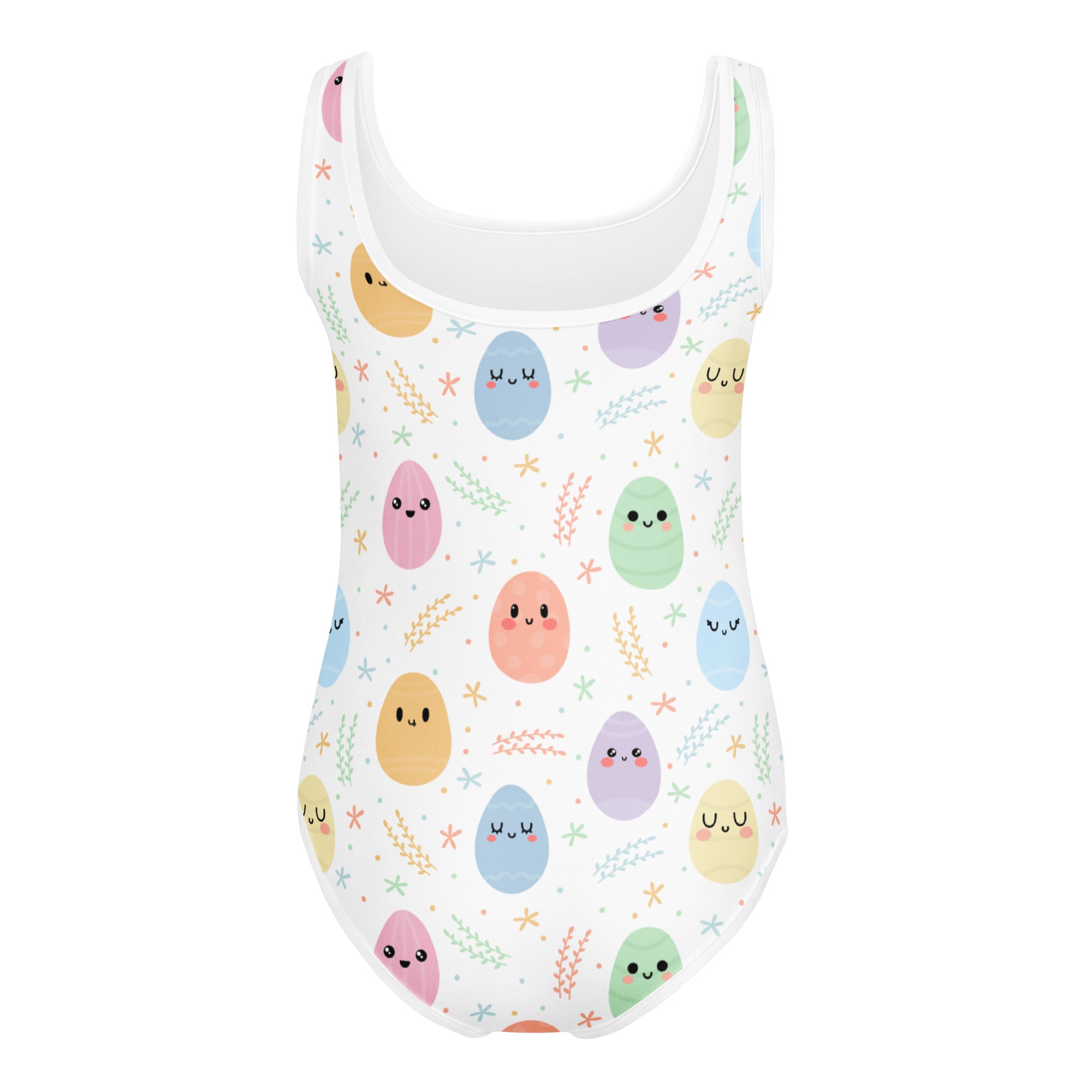 White one-piece leotard with pastel smiling cartoon eggs and green sprigs quick drying for dance and gymnastics