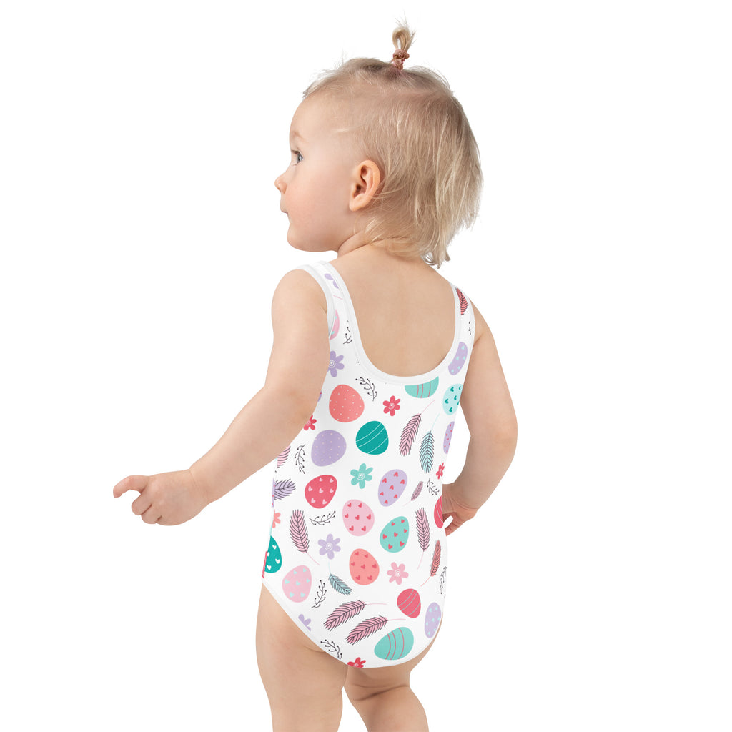 White girls one-piece swimsuit with colorful easter eggs and feathers pattern buttery soft upf 50 plus double layered front
