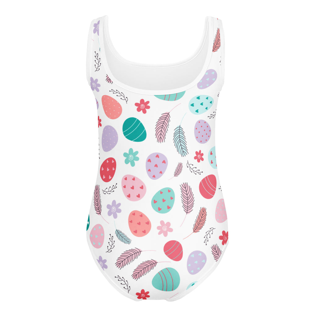 Girls pastel easter egg buttery soft white leotard with colorful eggs feathers and flowers quick drying for dance
