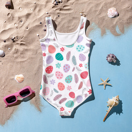Girls Easter eggs and feathers buttery soft white one-piece swimsuit with pastel pattern and UPF 50 plus protection