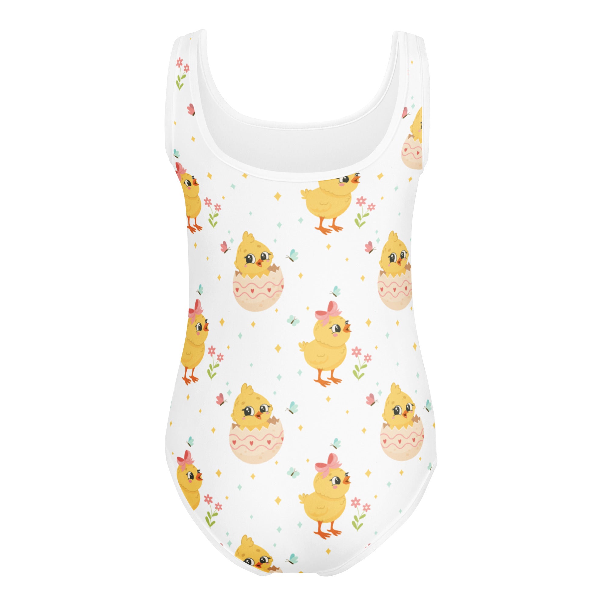 White one-piece girls easter chick buttery soft quick drying leotard with yellow chicks and pastel eggshell pattern