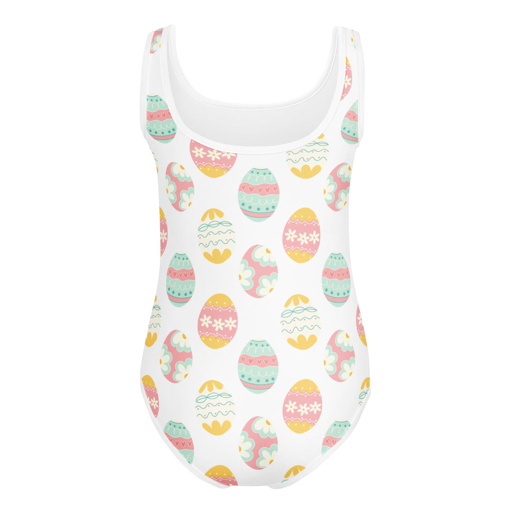 White one-piece buttery soft leotard with pastel pink yellow and mint green easter eggs for dance and gymnastics