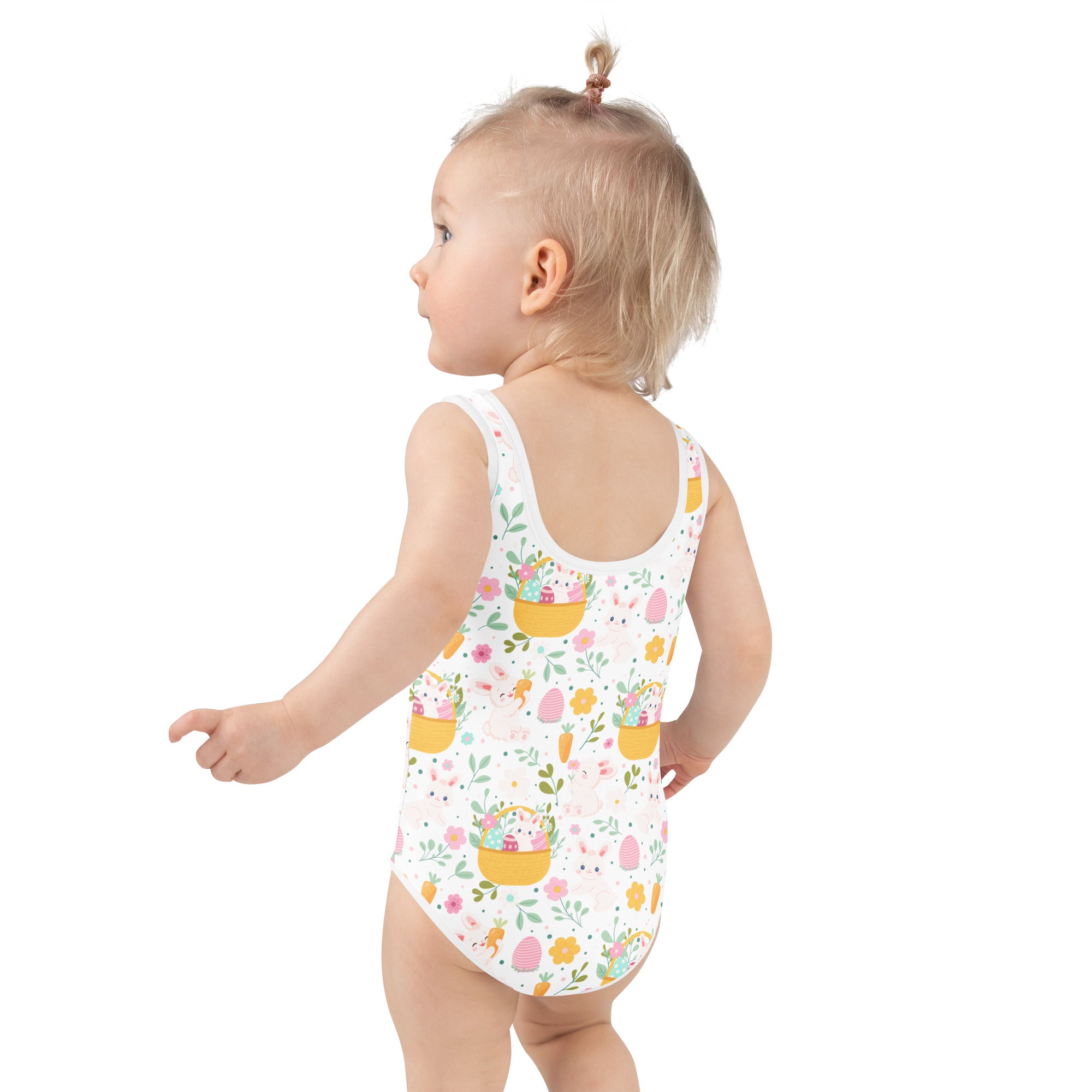 Girls easter bunny basket buttery soft white one-piece swimsuit with pastel egg and flower pattern and upf 50+ protection