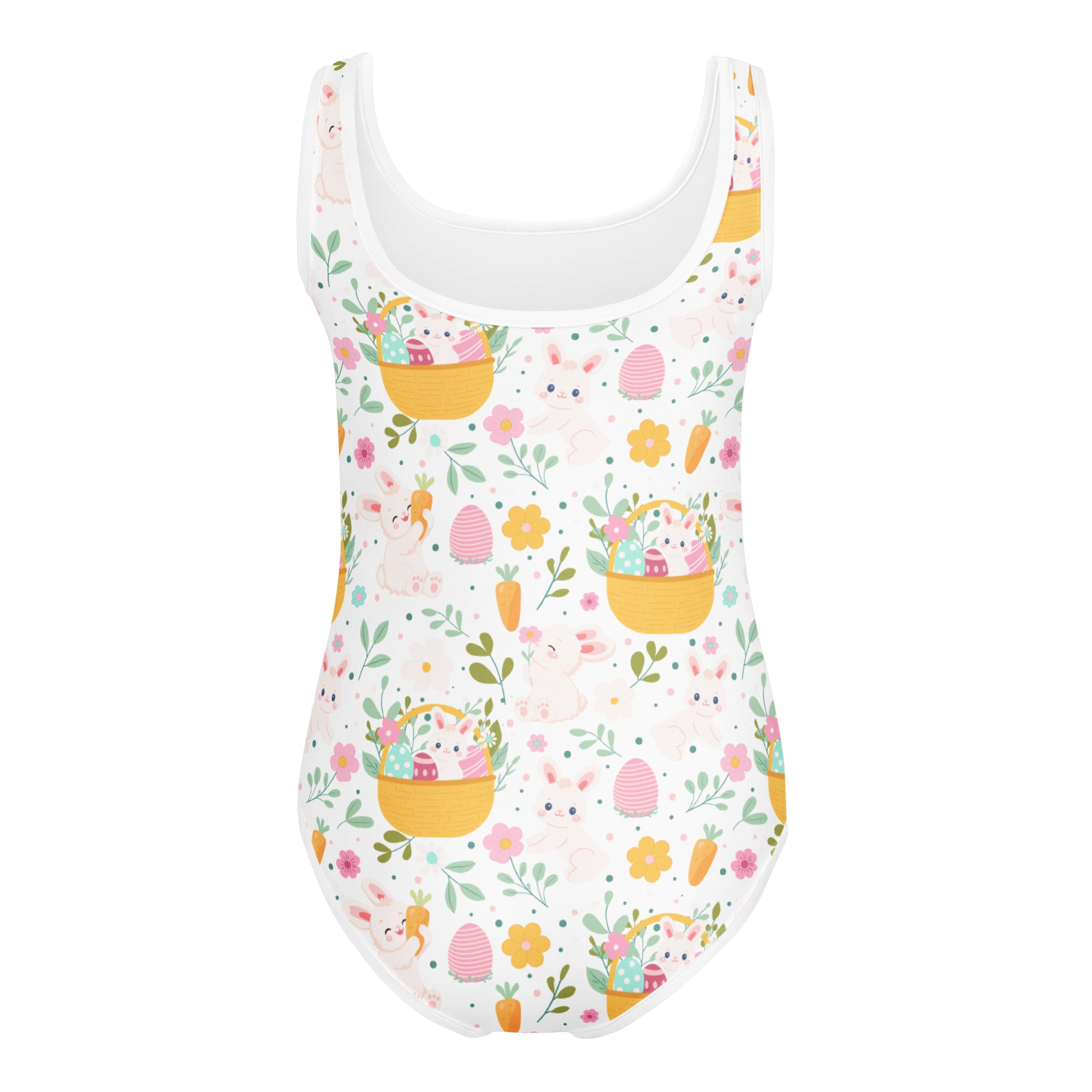 Girls easter bunny buttery soft white leotard with playful basket egg carrot and bunny print for dance and gymnastics