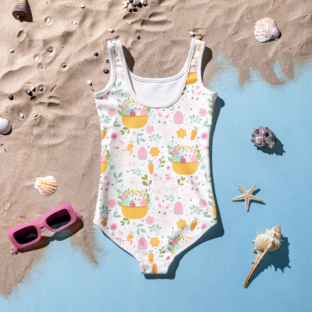 White girls one-piece swimsuit with easter bunny basket pattern buttery soft fabric upf 50 plus double layered front