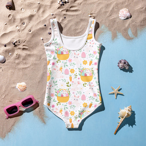 White girls one-piece swimsuit with easter bunny basket pattern buttery soft fabric upf 50 plus double layered front