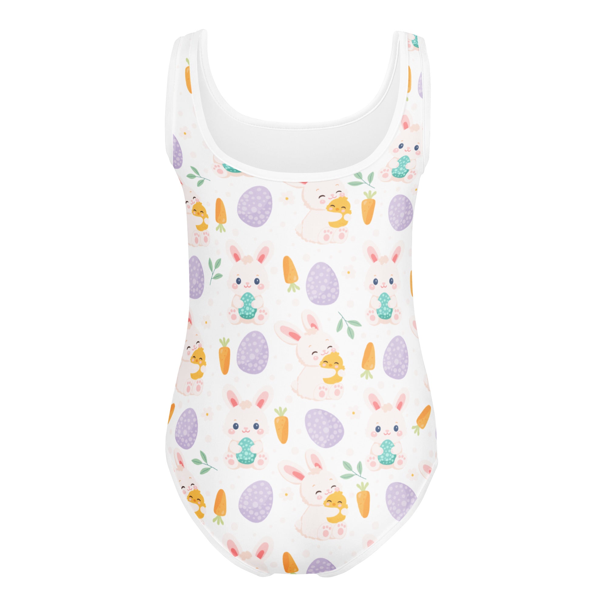 White one-piece quick drying leotard for girls featuring pastel purple eggs pink bunnies and green egg treats for easter