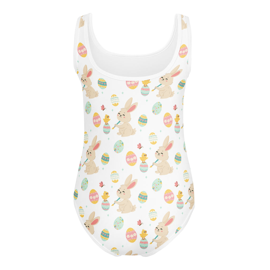 White one-piece swimsuit with playful bunny chick and pastel easter egg pattern buttery soft quick drying for dance