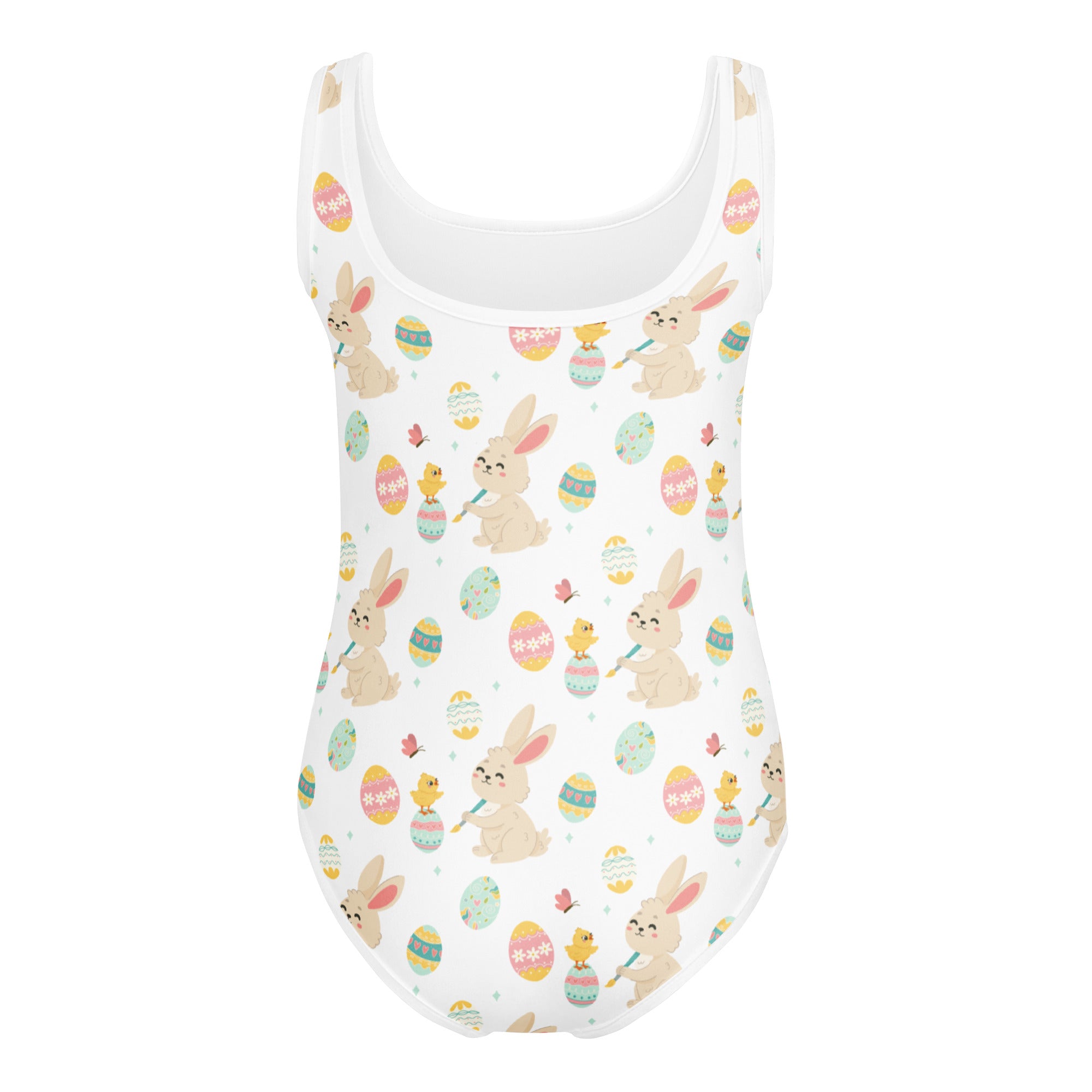 White one-piece swimsuit with playful bunny chick and pastel easter egg pattern buttery soft quick drying for dance