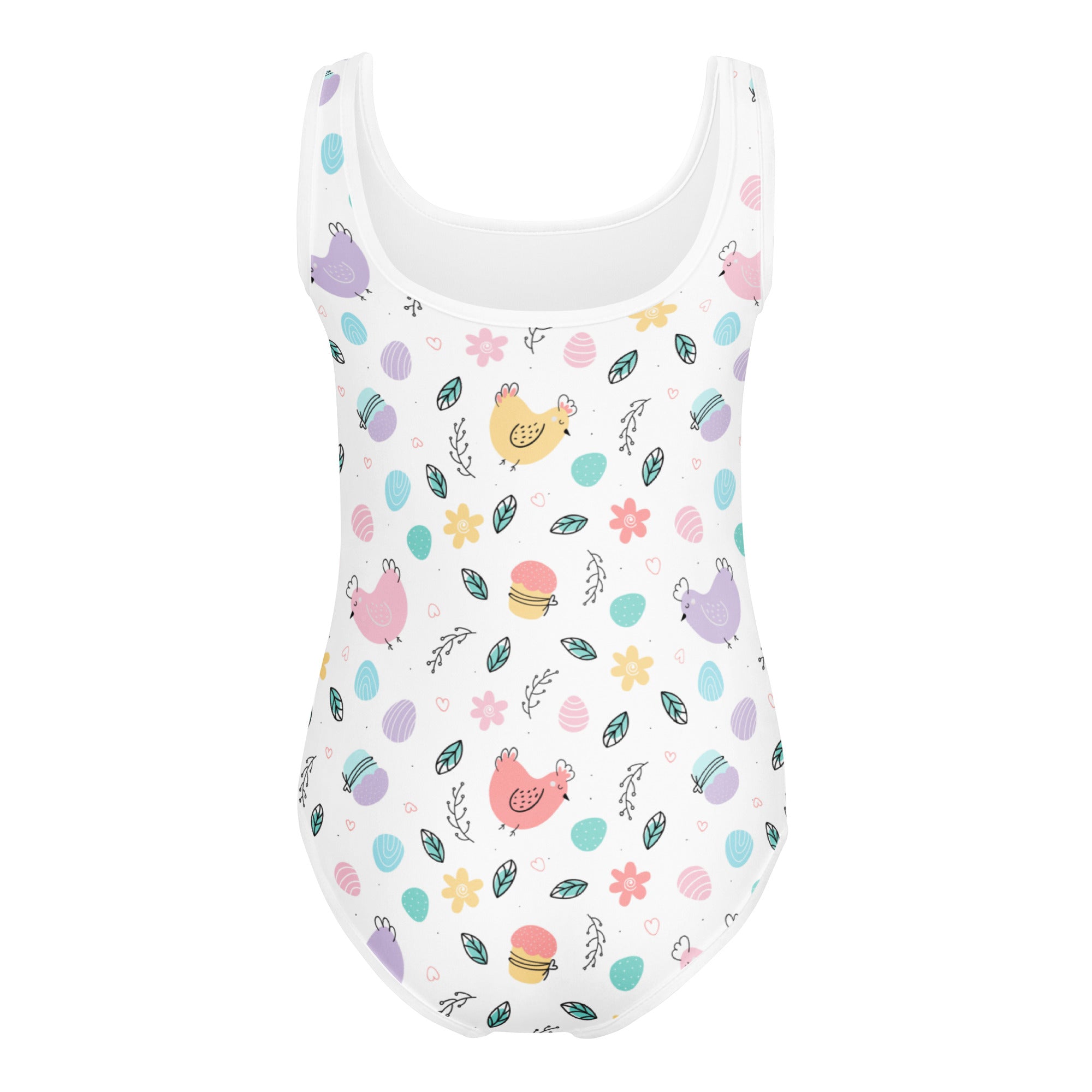 White one-piece girls leotard with pastel chicks, eggs, flowers, leaves pattern, buttery soft quick drying for dance and gymnastics