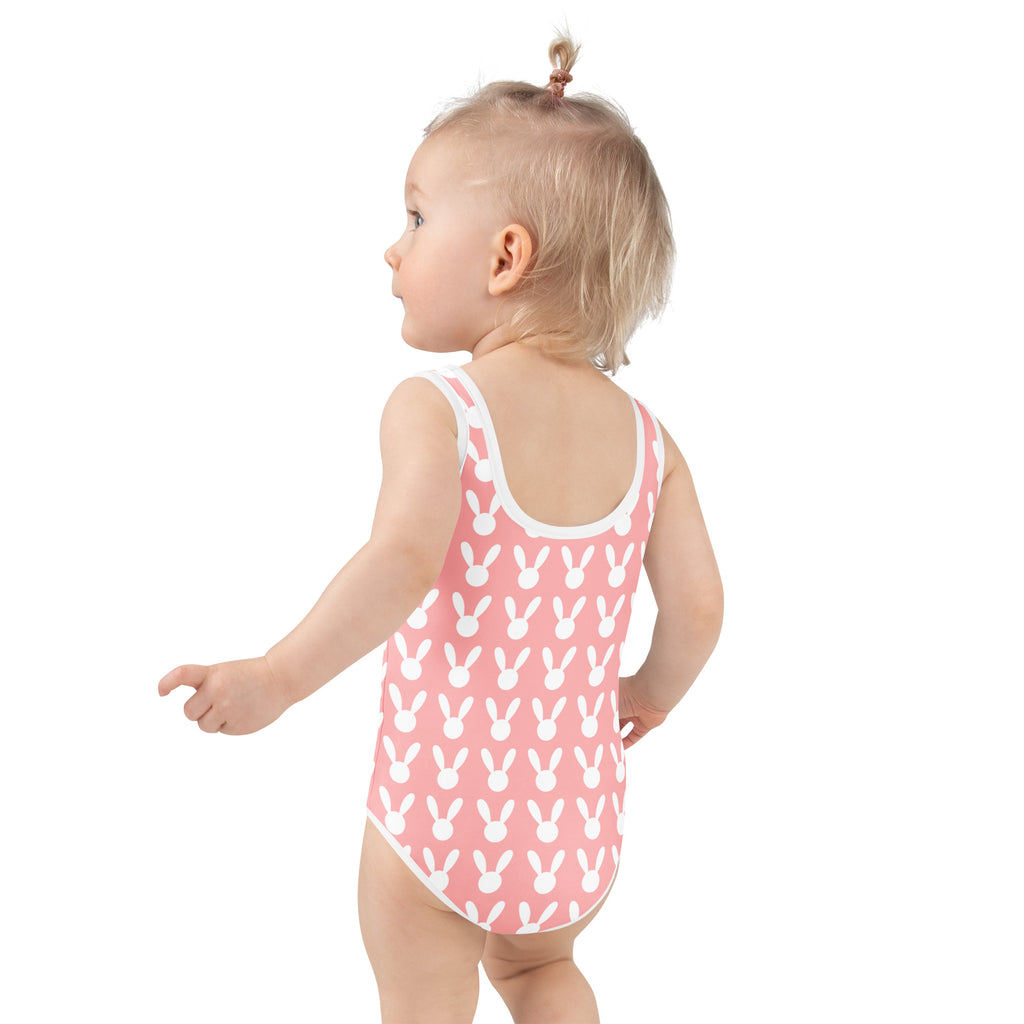 Girls pink bunny Easter buttery soft one-piece swimsuit with white trim and UPF 50 plus protection