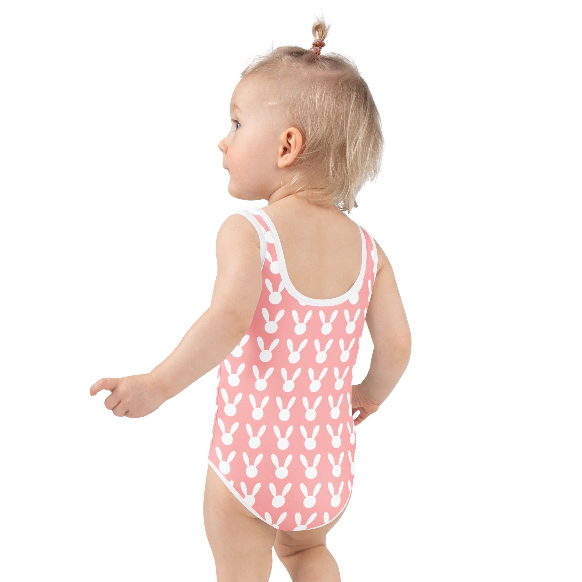 Girls pink bunny Easter buttery soft one-piece swimsuit with white trim and UPF 50 plus protection
