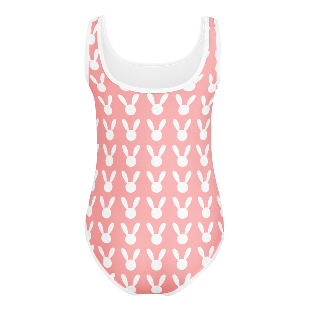 Girls pink bunny silhouette buttery soft quick drying leotard with white bunny face pattern and trim for dance and gymnastics
