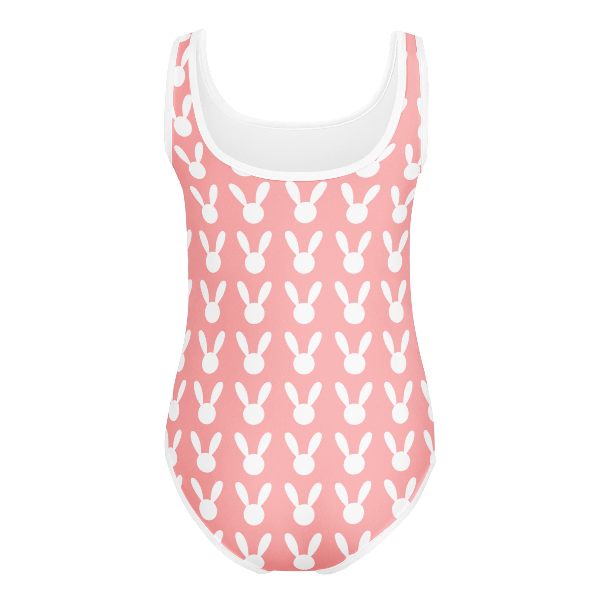 Girls pink bunny silhouette buttery soft quick drying leotard with white bunny face pattern and trim for dance and gymnastics
