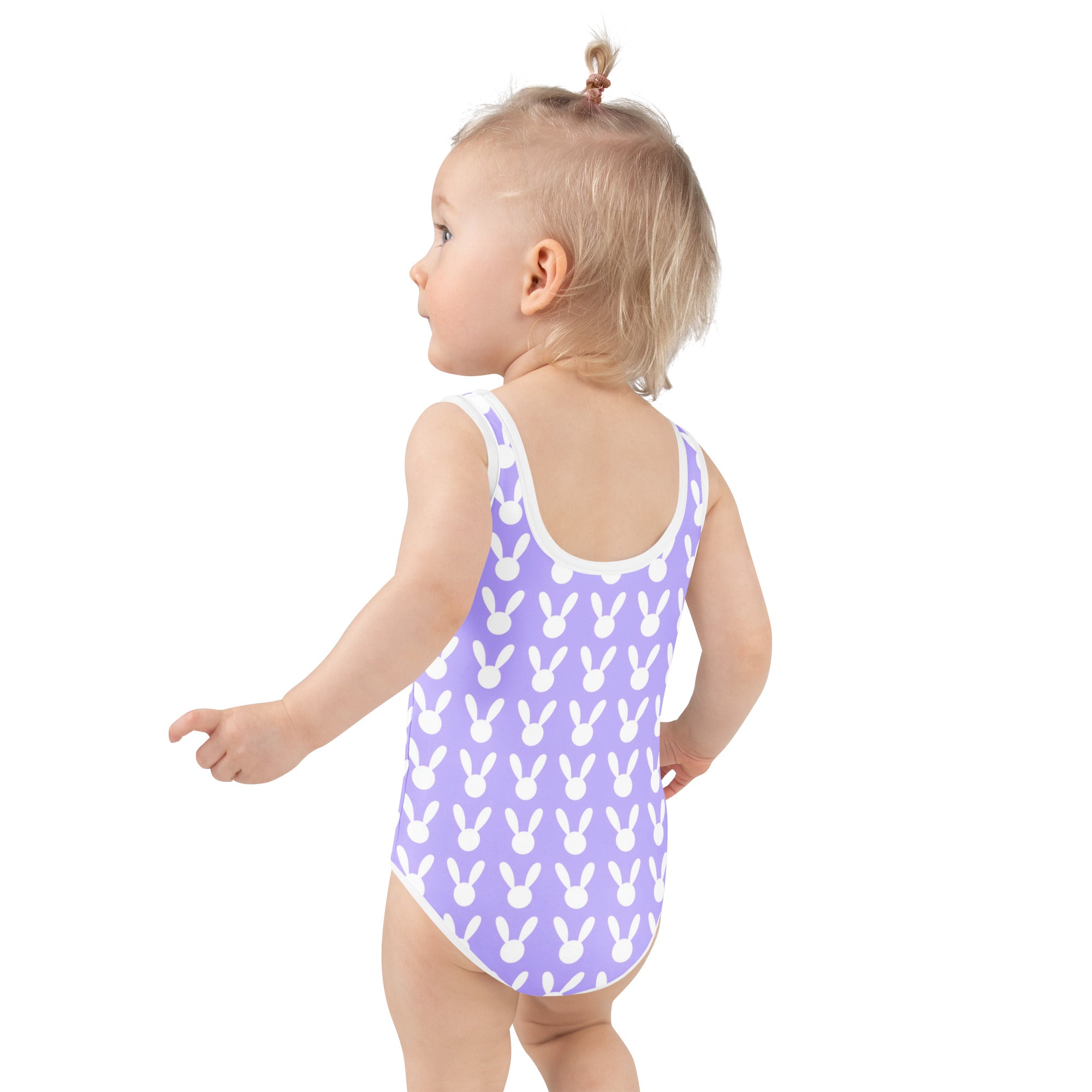Girls purple bunny Easter buttery soft swimsuit with white trim and UPF 50 plus double layered front protection