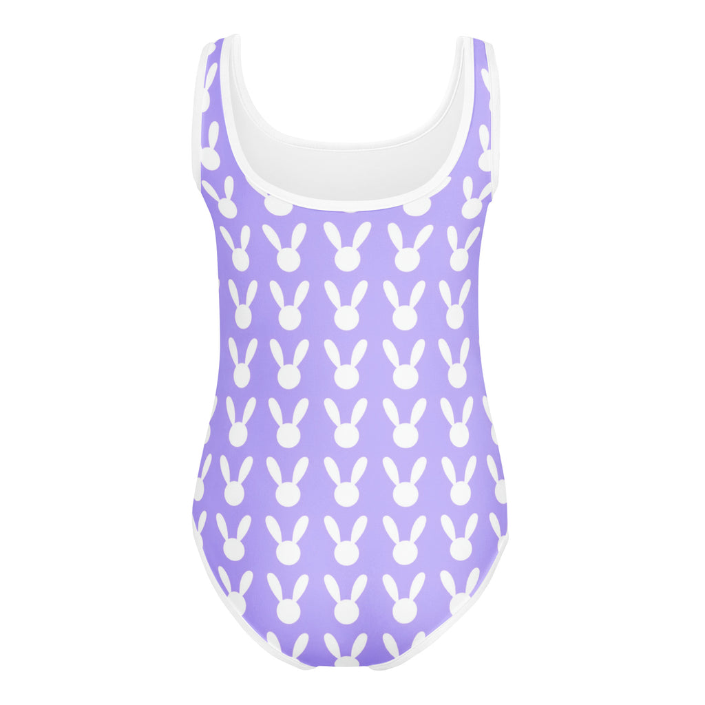 Girls purple bunny silhouette buttery soft quick drying leotard with white trim for dance and gymnastics