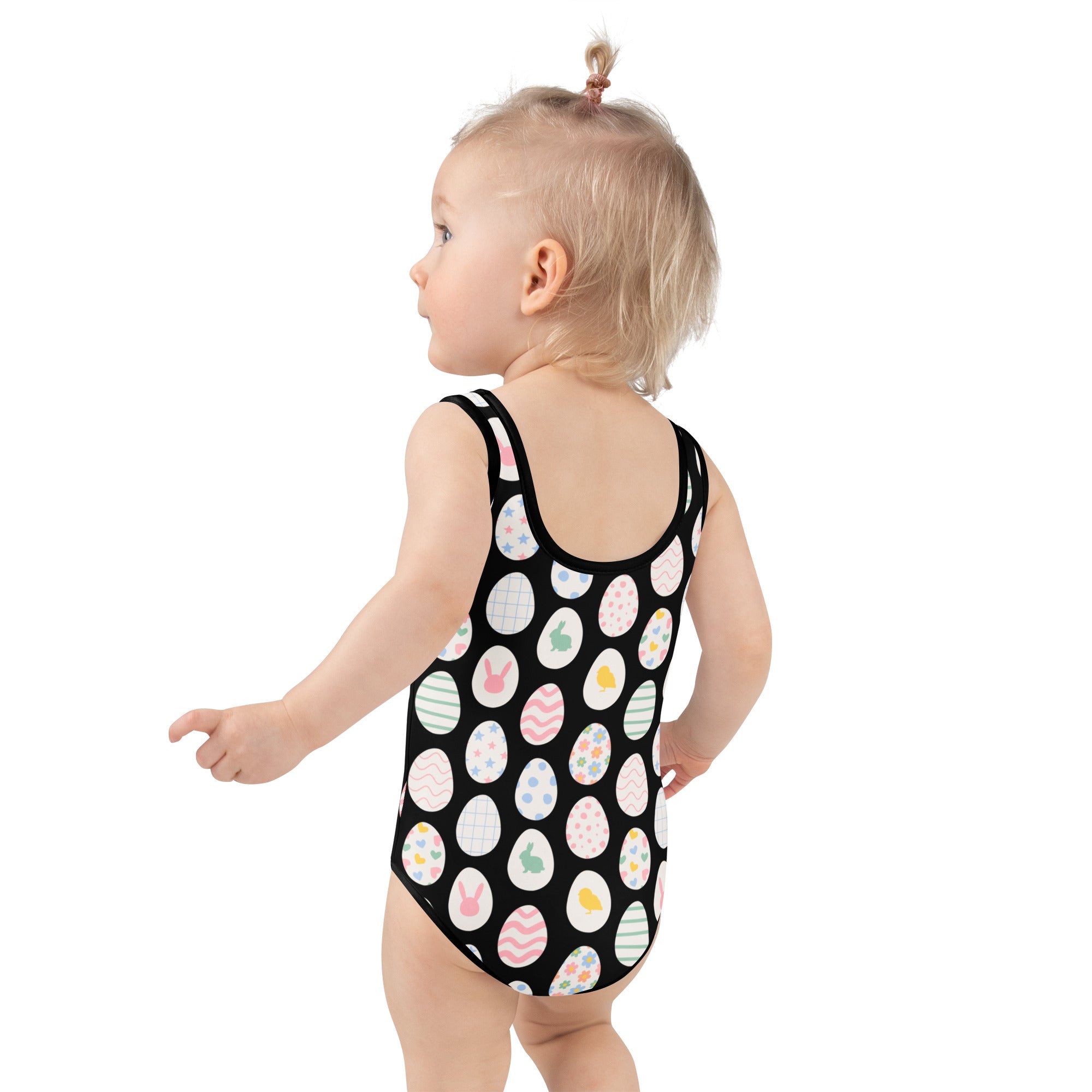 Girls easter egg pattern buttery soft black one-piece swimsuit with colorful pastel eggs and upf 50 plus protection
