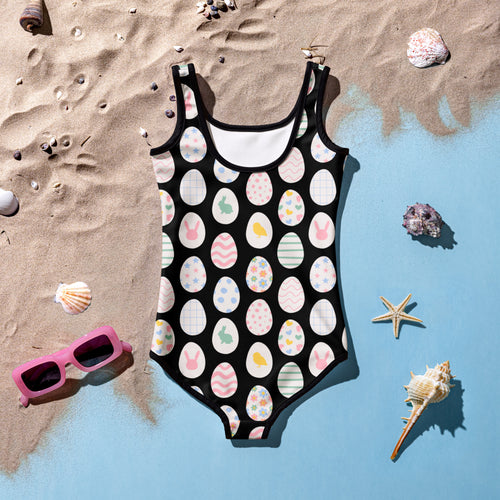 Black girls one-piece swimsuit with pastel easter eggs and bunnies pattern buttery soft fabric UPF 50+ double layered front