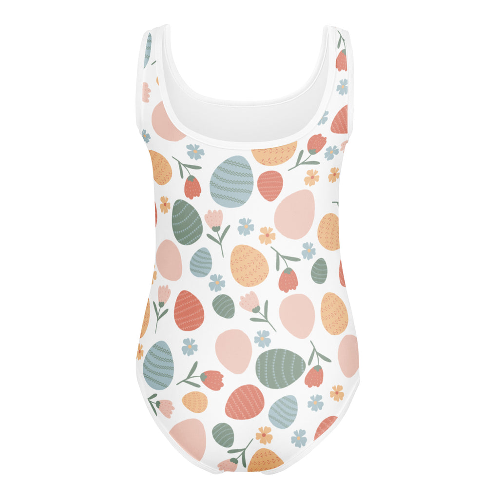 Girls vintage white one-piece swimsuit with pastel easter egg and flower pattern quick drying for dance and gymnastics