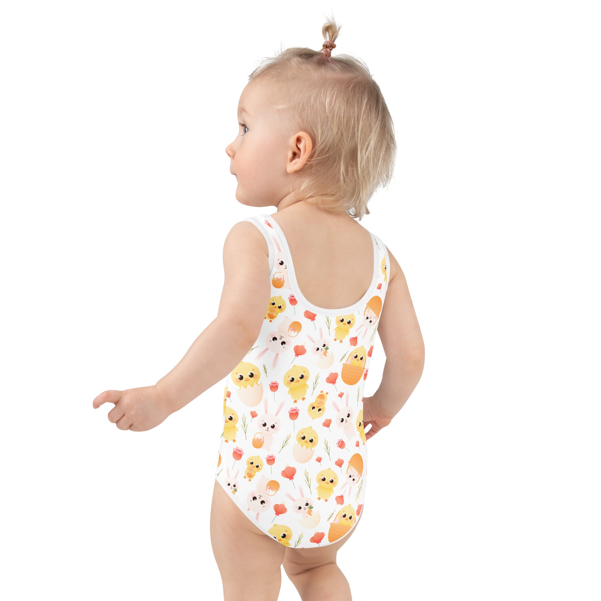 White one-piece girls swimsuit with yellow chicks orange eggs pink flowers buttery soft fabric upf 50+ double layered front